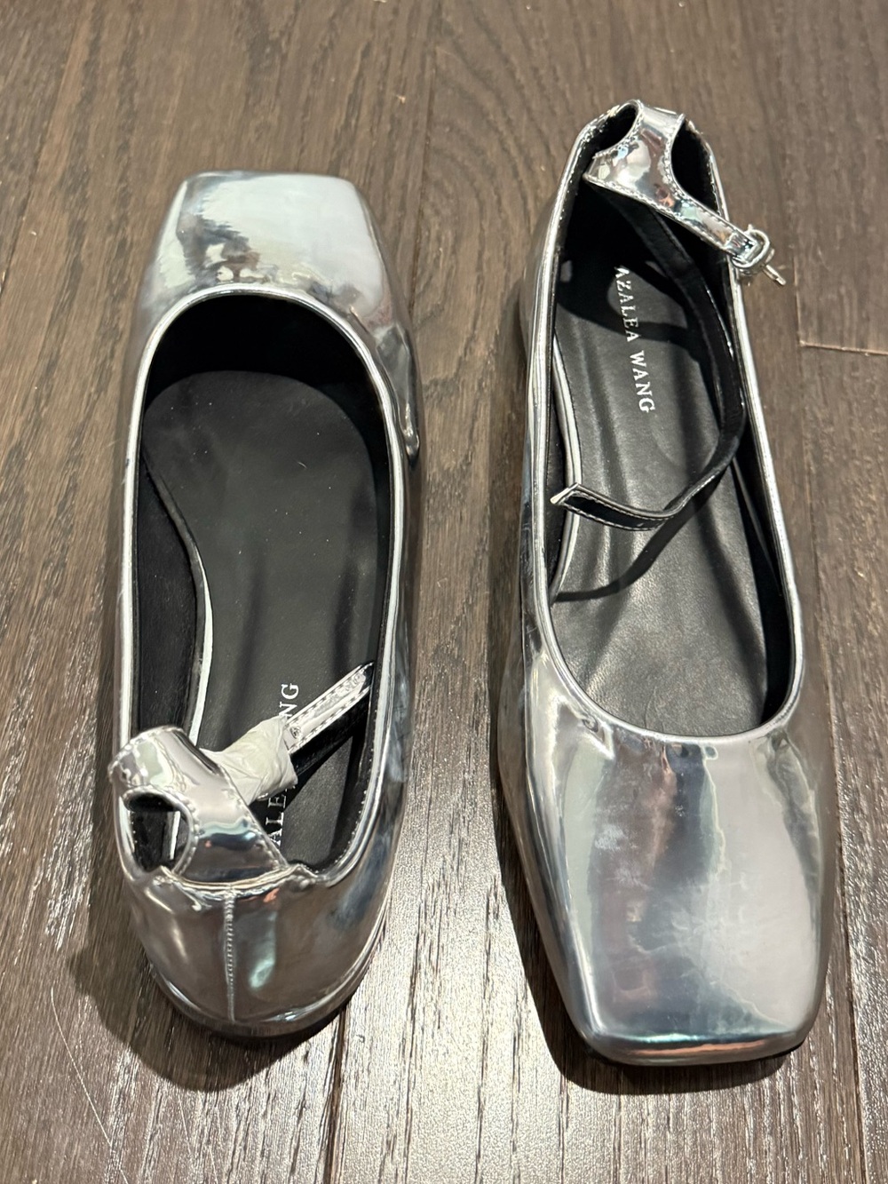 NWT Metallic Silver Ankle-Strap Ballet Flats